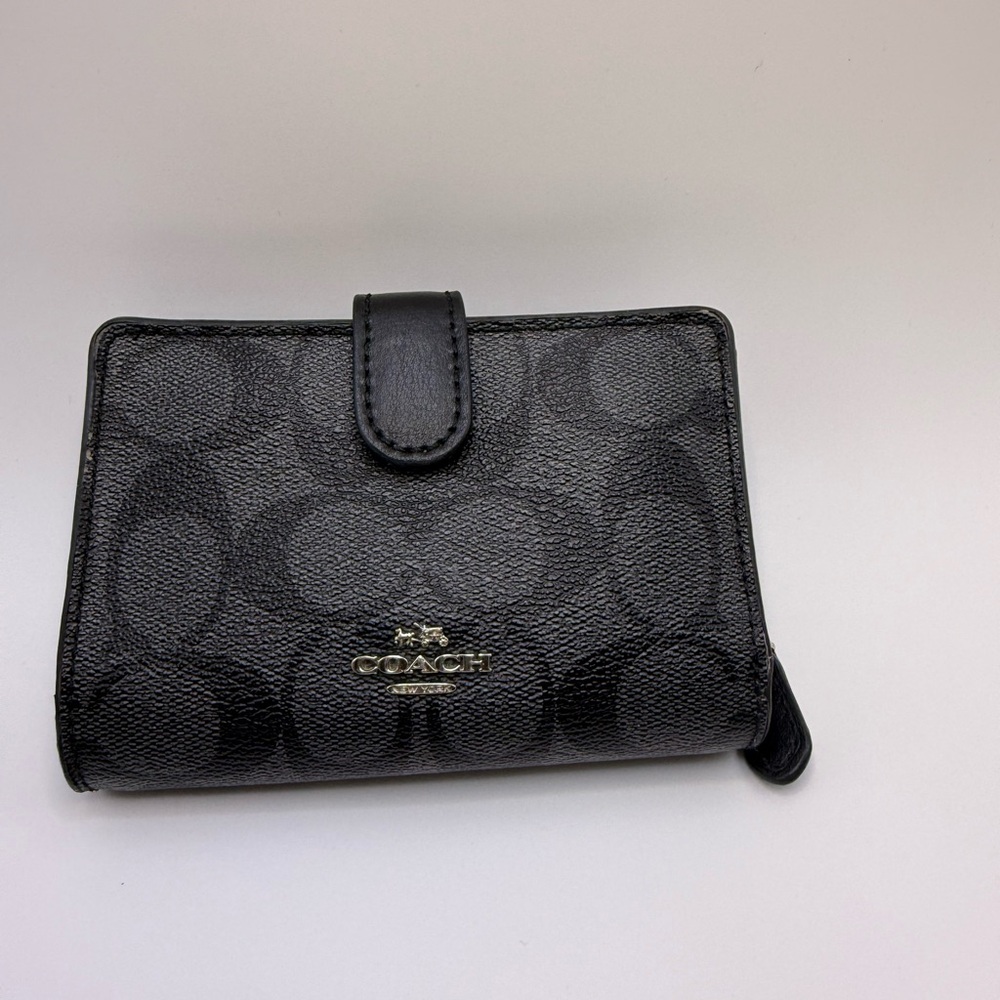 Coach Black Signature Compact Wallet with Gold Logo
